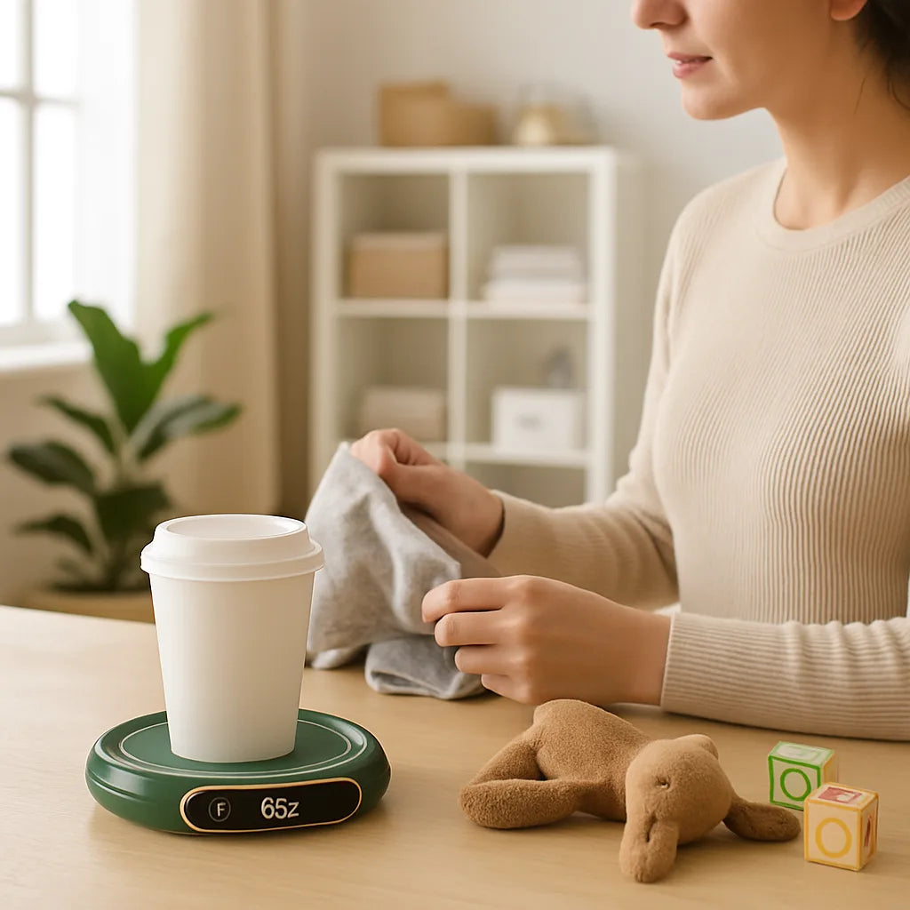Parents utilisant un chauffe tasse éléctrique à la maison pour garder leur café ou thé chaud