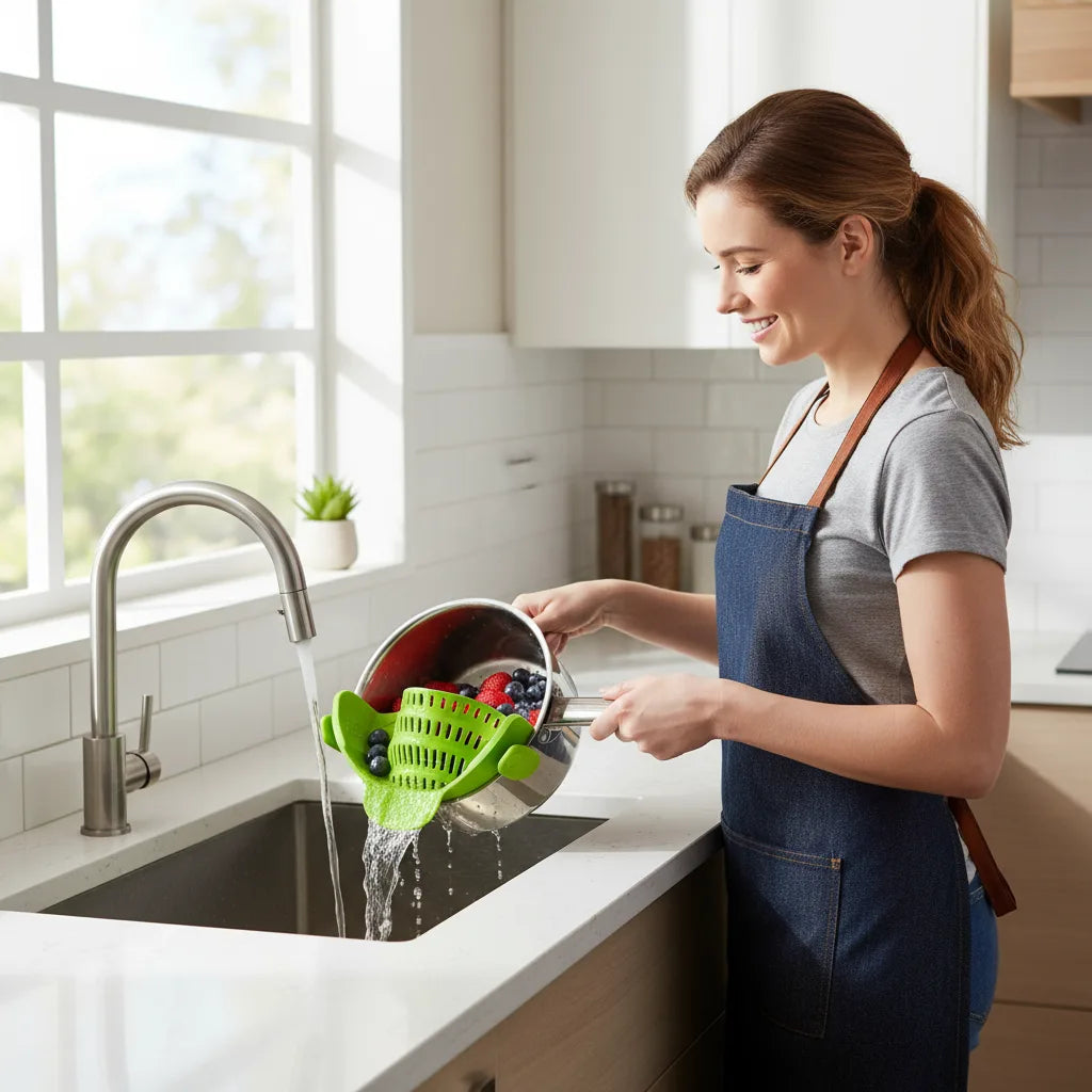 Maman utilisant une passoire à pâtes verte pour égoutter facilement les fruits.