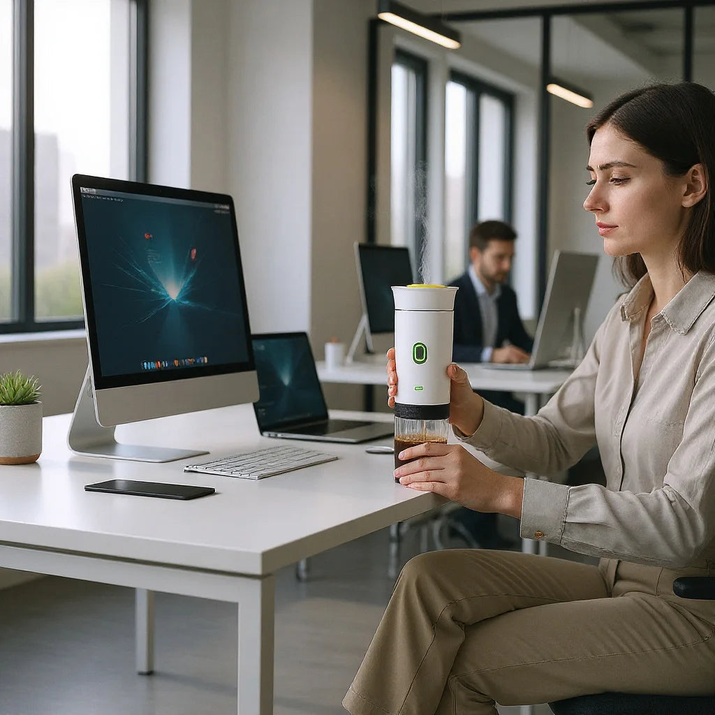 Employé préparant son café au bureau avec une cafetière mobile pratique.