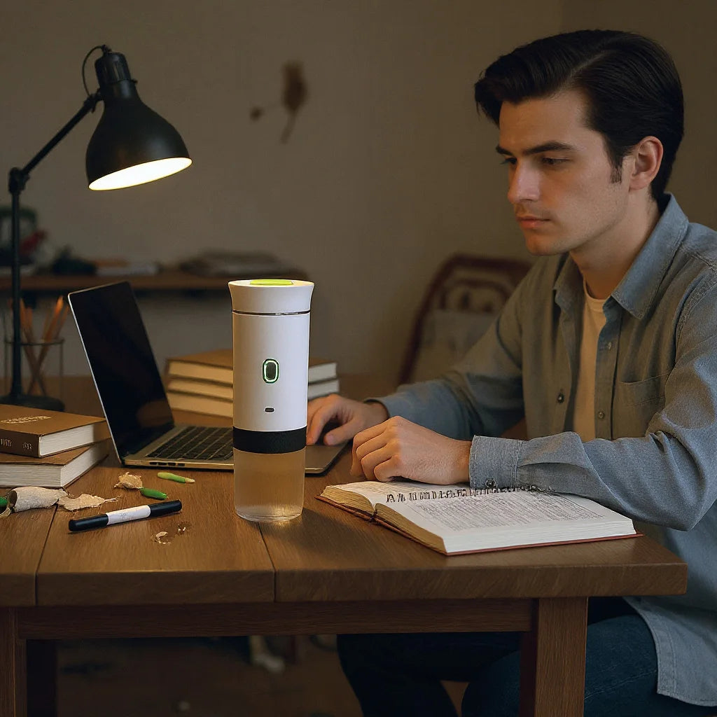Pause café d’un étudiant avec une cafetière mobile compacte dans sa chambre universitaire.