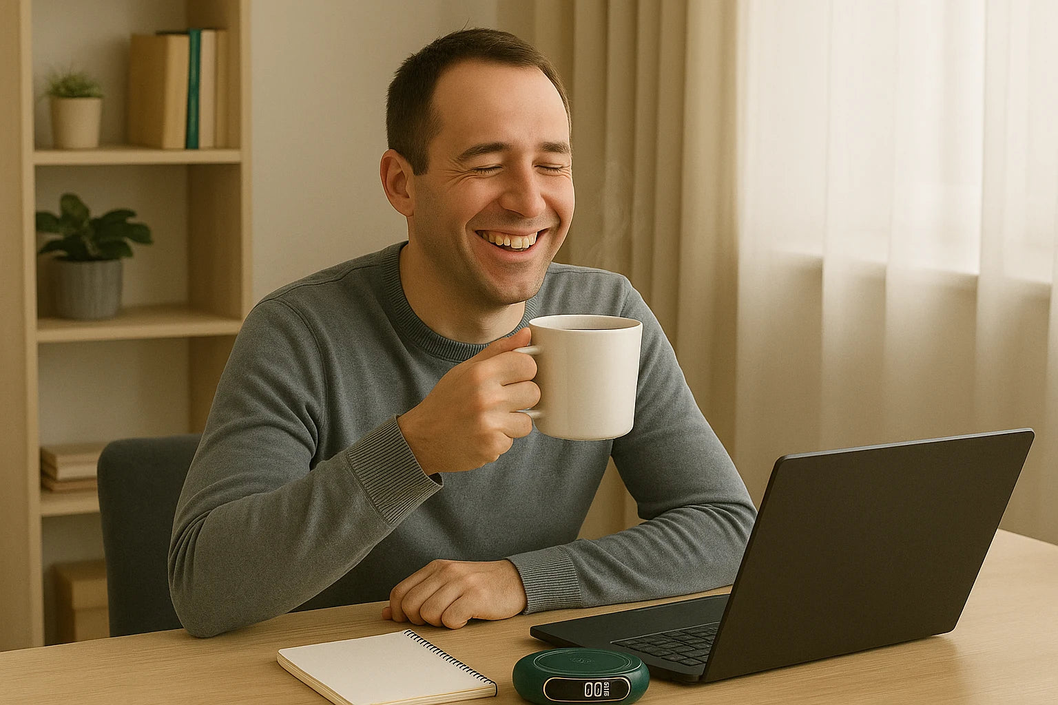Employé au bureau utilisant un chauffe tasse éléctrique pour garder son café chaud
