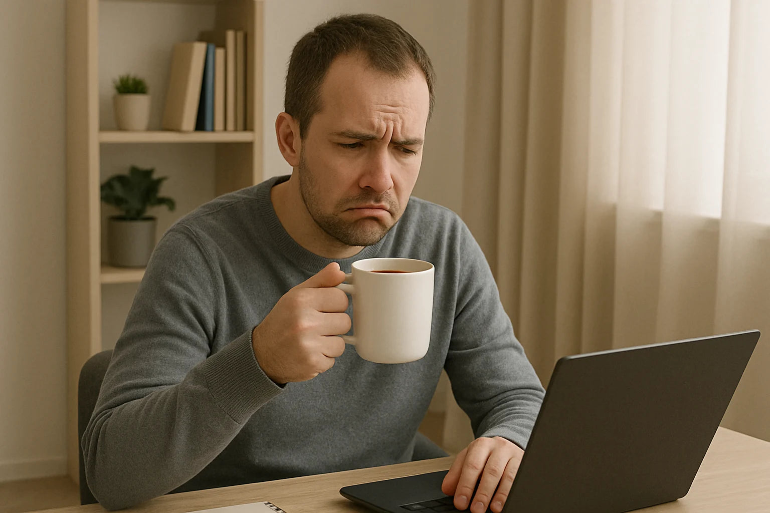 Employé au bureau avec une tasse de café avant d’utiliser le chauffe tasse éléctrique
