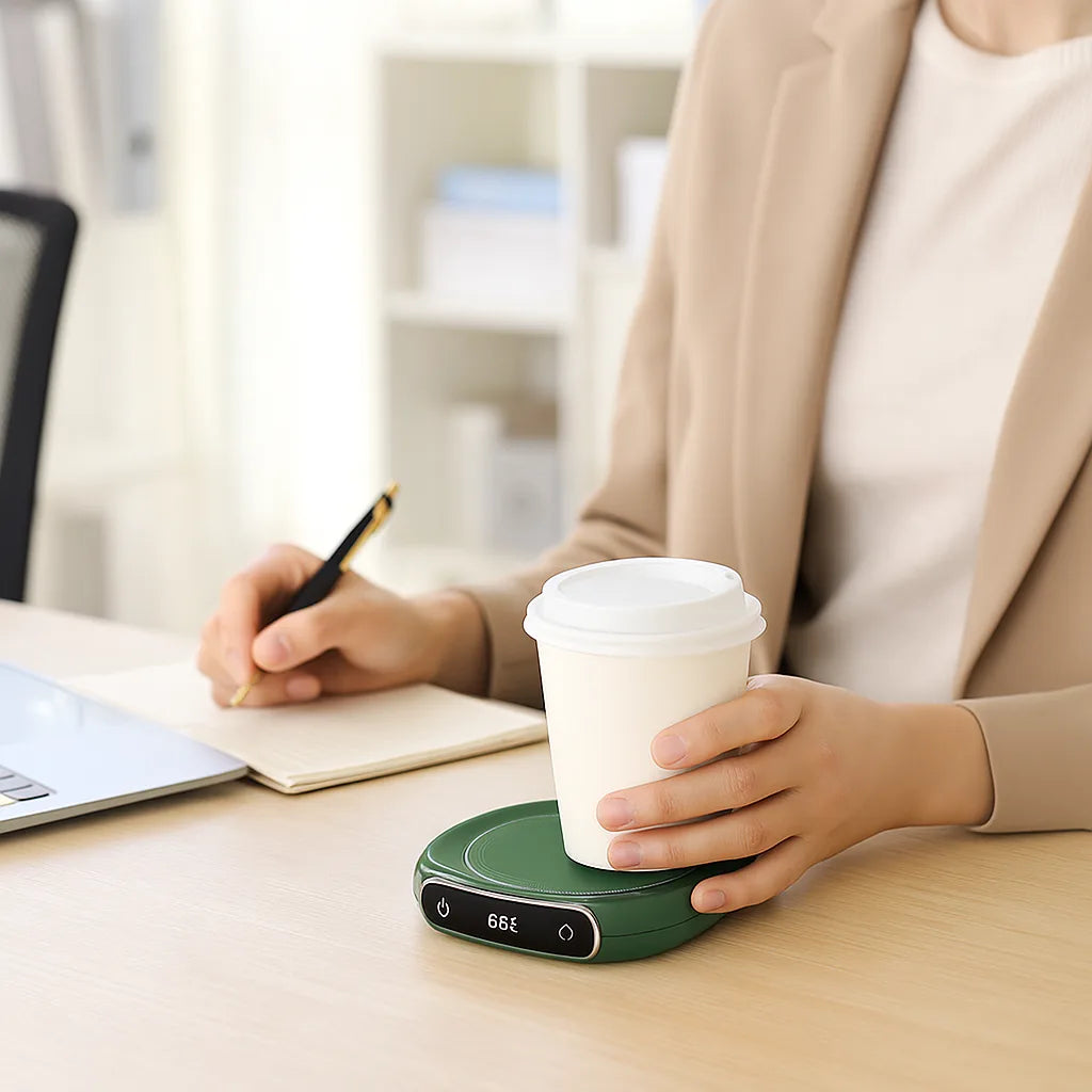 Employé utilisant un chauffe tasse éléctrique vert au bureau pour garder son café chaud pendant le travail