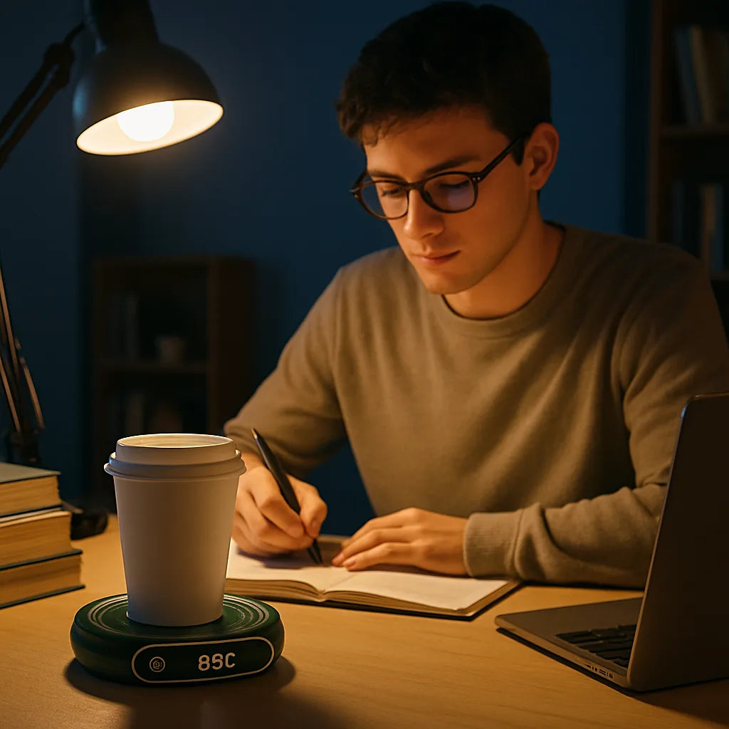 Étudiant utilisant un chauffe tasse éléctrique sur son bureau pour garder son café chaud pendant les révisions