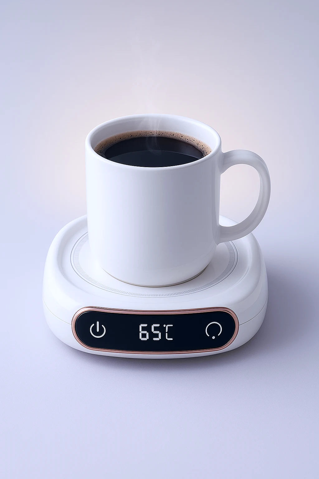 Chauffe tasse éléctrique blanc avec une tasse de café posée dessus, parfait pour garder la boisson chaude