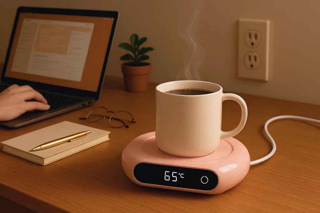 Tasse de café posée sur un chauffe tasse éléctrique dans un bureau étudiant
