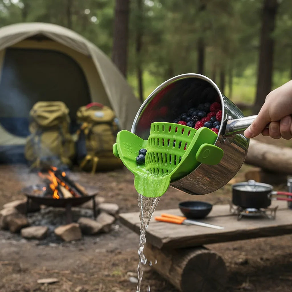 Campeur utilisant une passoire à pâtes verte pour égoutter les fruits
