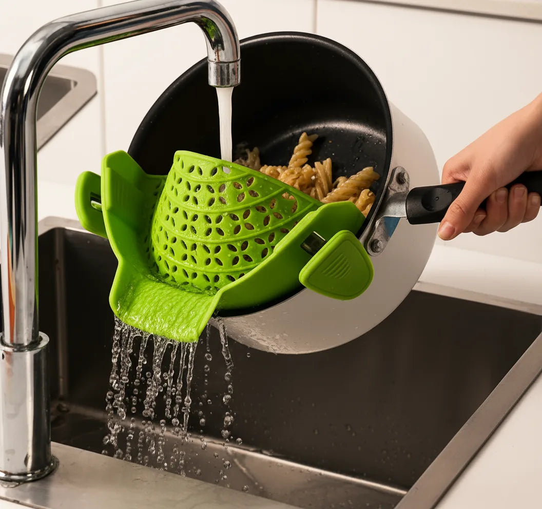 Passoire à pâtes verte en train d’égoutter des pâtes fraîches dans une cuisine