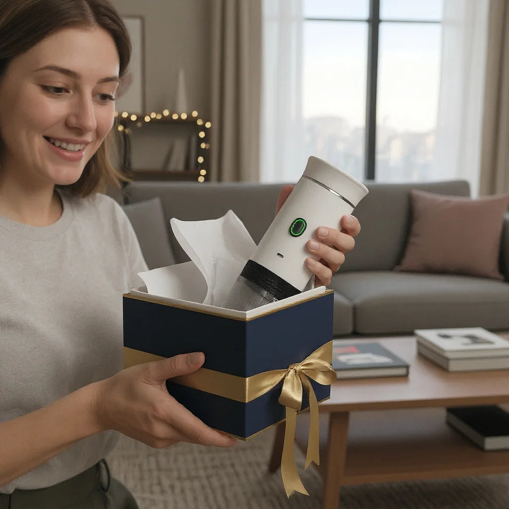 Cafetière mobile élégante présentée comme cadeau pour les amateurs de café.
