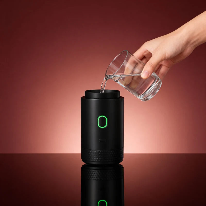 Remplissage du réservoir d’eau d’une cafetière mobile avant la préparation du café.