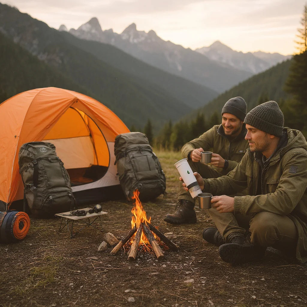Campeur profitant d’un café matinal préparé avec une cafetière mobile.